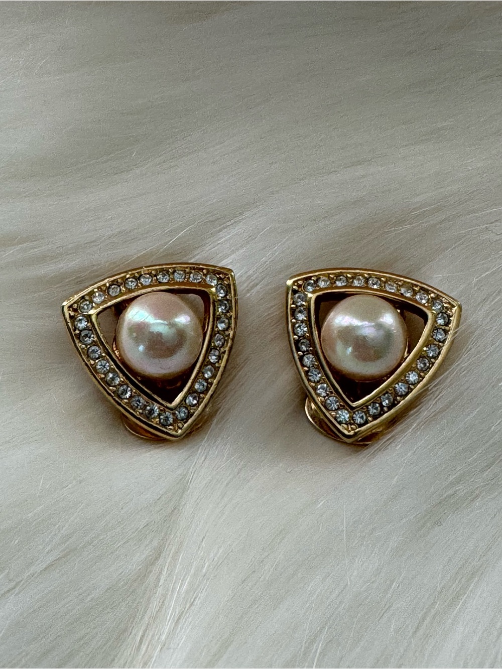 Vintage Dior  Gold Triangle Pearl and Crystal Clip-On Earrings-